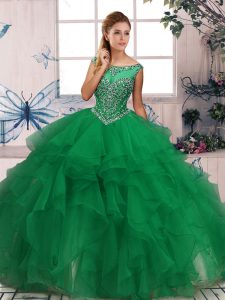 Sleeveless Organza Floor Length Zipper Quinceanera Gowns in Green with Beading and Ruffles