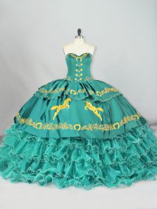 Sexy Embroidery and Ruffled Layers Vestidos de Quinceanera Turquoise Lace Up Sleeveless Brush Train