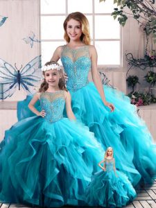 Fantastic Aqua Blue Sleeveless Floor Length Beading and Ruffles Lace Up Quince Ball Gowns