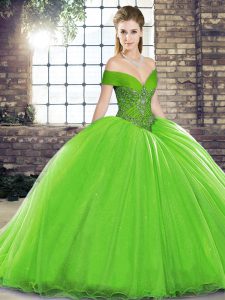 Best Selling Organza Lace Up 15 Quinceanera Dress Sleeveless Brush Train Beading