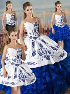 High Class Floor Length Lace Up Quinceanera Gown Blue And White for Sweet 16 and Quinceanera with Embroidery and Ruffles