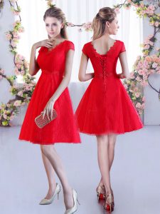 Lace V-neck Cap Sleeves Lace Up Lace Dama Dress for Quinceanera in Red