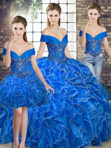 Enchanting Royal Blue Ball Gowns Organza Off The Shoulder Sleeveless Beading and Ruffles Floor Length Lace Up Quinceanera Dress
