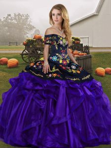 High End Organza Off The Shoulder Sleeveless Lace Up Embroidery and Ruffles Sweet 16 Quinceanera Dress in Black And Purple