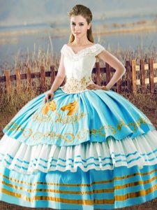 Dynamic Blue And White Lace Up V-neck Embroidery and Ruffled Layers Quince Ball Gowns Organza Sleeveless