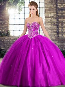 Free and Easy Tulle Sweetheart Sleeveless Brush Train Lace Up Beading 15th Birthday Dress in Purple