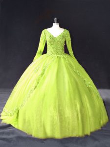 Yellow Green V-neck Neckline Lace and Appliques Sweet 16 Dresses Long Sleeves Lace Up