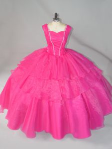 Stunning Hot Pink Ball Gowns Straps Sleeveless Organza Floor Length Lace Up Beading Sweet 16 Dresses