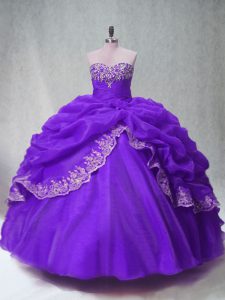 Exceptional Sleeveless Organza Floor Length Lace Up Quince Ball Gowns in Purple with Beading and Appliques and Pick Ups