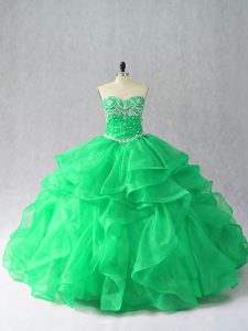 Organza Sweetheart Sleeveless Lace Up Beading and Ruffles Quinceanera Dress in Green