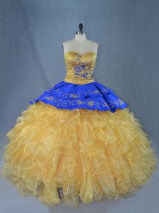 Fancy Gold Lace Up Sweetheart Embroidery and Ruffles Quince Ball Gowns Organza Sleeveless Brush Train