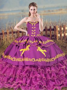 On Sale Sleeveless Satin and Organza Brush Train Lace Up Sweet 16 Dress in Purple with Embroidery and Ruffles