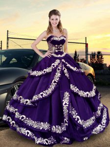 Purple Sleeveless Embroidery and Ruffled Layers Lace Up Quinceanera Dress