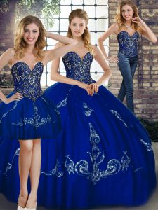 Custom Fit Royal Blue Tulle Lace Up 15 Quinceanera Dress Sleeveless Floor Length Beading and Embroidery