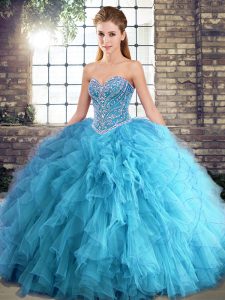 Vintage Aqua Blue Lace Up Sweetheart Beading and Ruffles Quince Ball Gowns Tulle Sleeveless