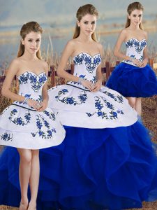 Fine Floor Length Lace Up Ball Gown Prom Dress Royal Blue for Military Ball and Sweet 16 and Quinceanera with Embroidery and Ruffles and Bowknot