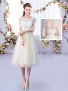 Champagne Empire Lace Quinceanera Court of Honor Dress Lace Up Tulle Half Sleeves Tea Length