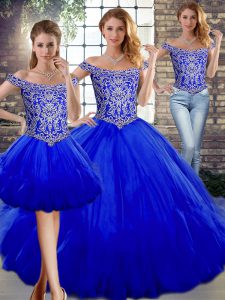 Royal Blue Lace Up Off The Shoulder Beading and Ruffles Sweet 16 Dress Tulle Sleeveless