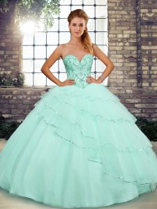 Sleeveless Tulle Brush Train Lace Up Quinceanera Gowns in Apple Green with Beading and Ruffled Layers