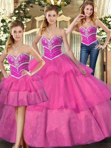 Customized Lilac Tulle Lace Up Sweet 16 Dresses Sleeveless Floor Length Beading and Ruffled Layers