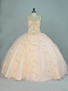 Champagne Tulle Lace Up Straps Sleeveless Floor Length Sweet 16 Quinceanera Dress Beading and Ruffles