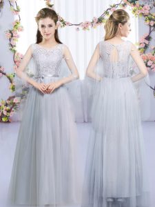 Grey Tulle Lace Up Scoop Sleeveless Floor Length Quinceanera Dama Dress Lace and Belt