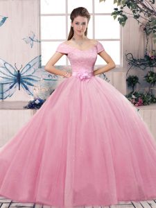 Luxury Rose Pink Ball Gowns Lace and Hand Made Flower Vestidos de Quinceanera Lace Up Tulle Short Sleeves Floor Length