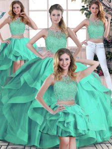 Turquoise Ball Gowns Beading and Ruffles 15th Birthday Dress Zipper Tulle Sleeveless Floor Length