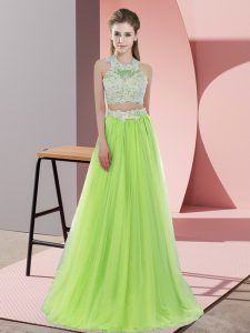 Modern Sleeveless Zipper Floor Length Lace Quinceanera Court of Honor Dress