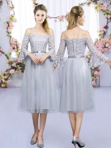 Best Selling Lace and Belt Quinceanera Court of Honor Dress Grey Lace Up 3 4 Length Sleeve Tea Length