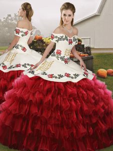 Spectacular Wine Red Ball Gowns Off The Shoulder Sleeveless Organza Floor Length Lace Up Embroidery and Ruffled Layers Sweet 16 Dresses