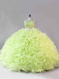 Beauteous Yellow Green Fabric With Rolling Flowers Zipper Quinceanera Dress Sleeveless Floor Length Beading and Ruffles