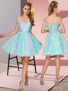 Fabulous Mini Length Aqua Blue Damas Dress Tulle Sleeveless Lace