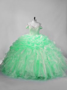Delicate Apple Green Organza Lace Up Quinceanera Gowns Sleeveless Beading and Pick Ups