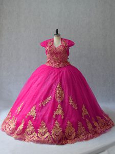 Perfect Appliques Quinceanera Gowns Hot Pink Lace Up Sleeveless Court Train