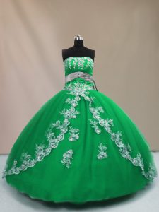 Tulle Strapless Sleeveless Lace Up Appliques Ball Gown Prom Dress in Green