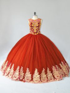 Admirable Sleeveless Tulle Floor Length Lace Up Quinceanera Gown in Rust Red with Appliques
