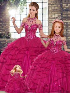 Ball Gowns 15th Birthday Dress Fuchsia Halter Top Tulle Sleeveless Floor Length Lace Up
