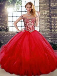 High Class Off The Shoulder Sleeveless Lace Up Sweet 16 Dress Red Tulle