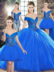 Dynamic Royal Blue Lace Up Off The Shoulder Beading Sweet 16 Dresses Organza Sleeveless Brush Train