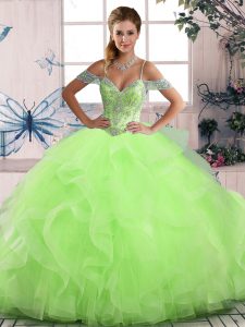 Cute Beading and Ruffles Ball Gown Prom Dress Lace Up Sleeveless Floor Length