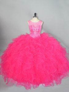 Customized Sleeveless Organza Floor Length Lace Up Quinceanera Gowns in Hot Pink with Beading and Ruffles