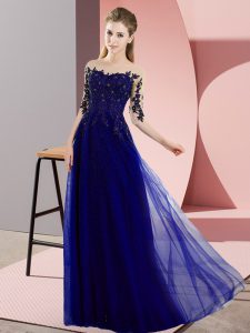 Blue Empire Bateau Half Sleeves Chiffon Floor Length Lace Up Beading and Lace Dama Dress