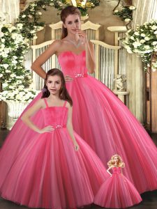 Ball Gowns Quinceanera Dresses Coral Red Sweetheart Tulle Sleeveless Floor Length Lace Up