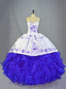Blue And White Sleeveless Beading and Embroidery and Ruffles Lace Up Quince Ball Gowns