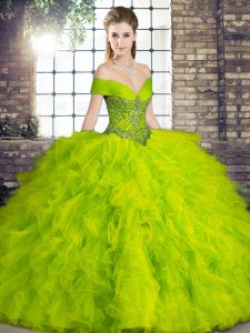 Modest Olive Green Ball Gowns Off The Shoulder Sleeveless Tulle Floor Length Lace Up Beading and Ruffles Quinceanera Gown
