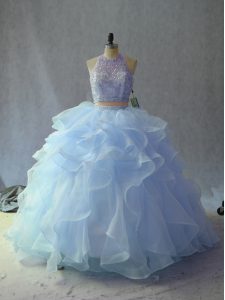 Blue Backless Quinceanera Gowns Sleeveless Beading and Ruffles