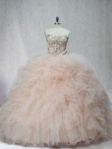 Beautiful Champagne Lace Up Sweetheart Beading and Ruffles Ball Gown Prom Dress Tulle Sleeveless