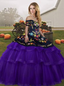 Black And Purple Off The Shoulder Lace Up Embroidery and Ruffled Layers Ball Gown Prom Dress Brush Train Sleeveless