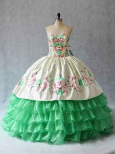 Trendy Floor Length Lace Up 15th Birthday Dress Apple Green for Sweet 16 and Quinceanera with Embroidery and Ruffled Layers